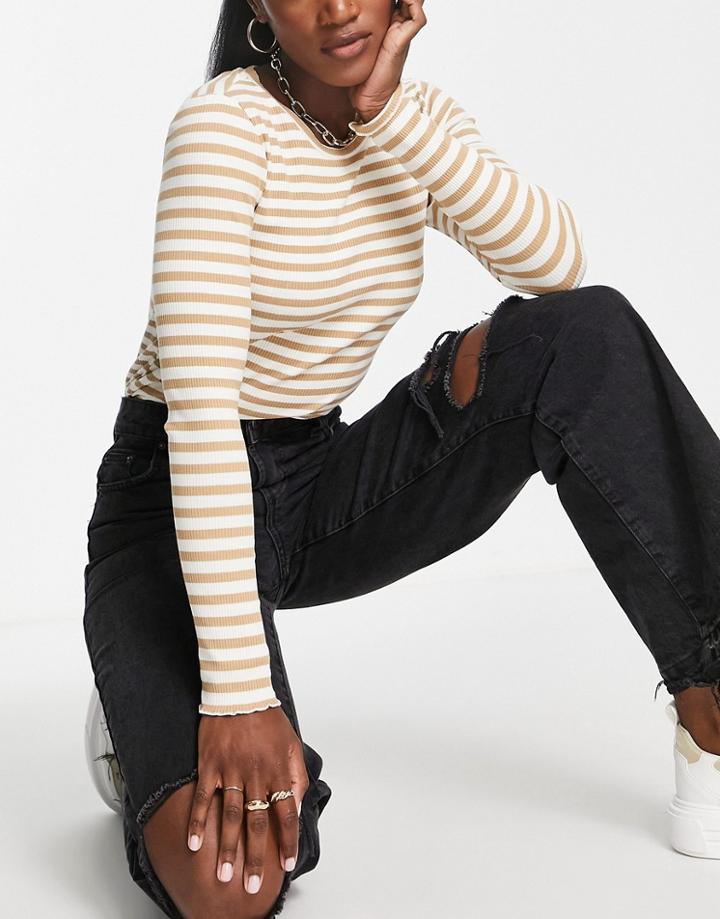 Selected Femme Cotton Stripe Ribbed Long Sleeved Top In Sand - Tan-brown