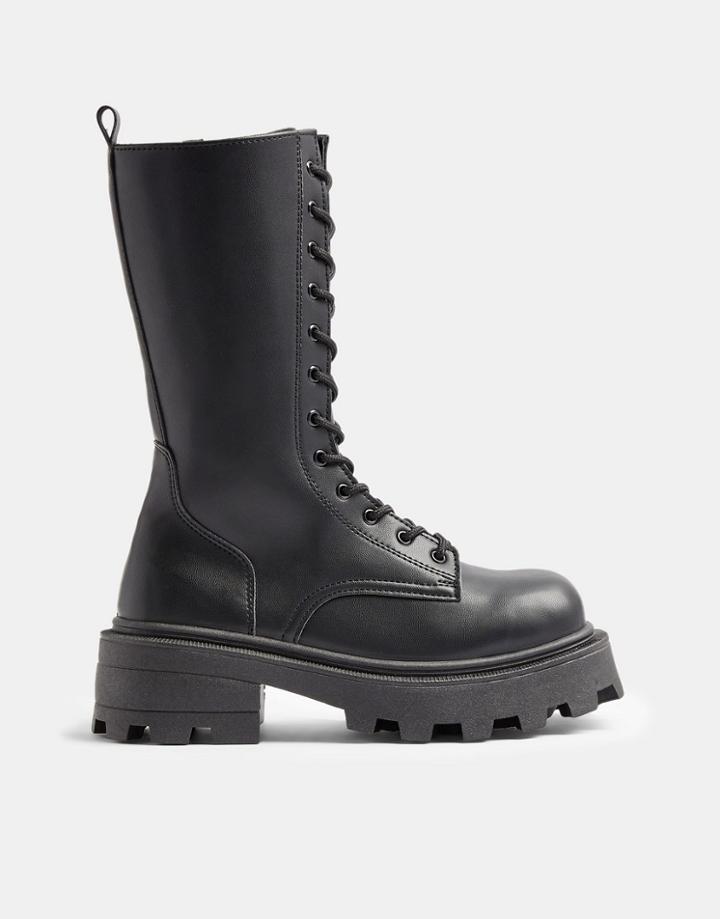 Topshop Square Toe Lace Up Chunky Boots In Black