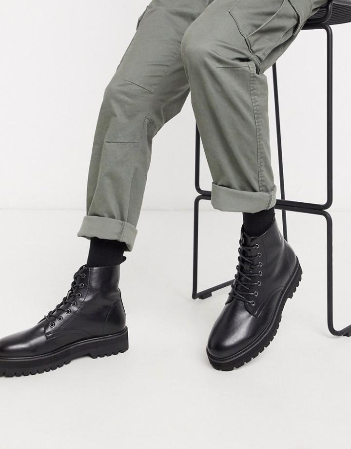 Asos Design Lace Up Boot In Black Faux Leather With Raised Chunky Sole