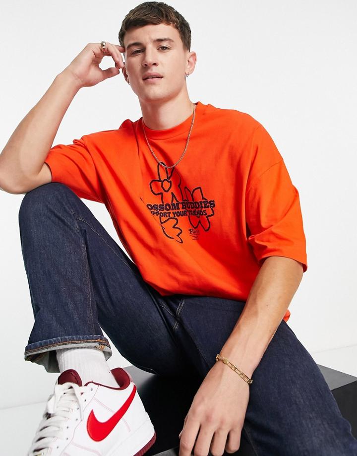 Asos Design Oversized T-shirt With Floral Line Drawing Back Print-red