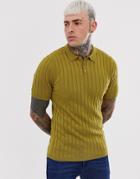 Asos Design Knitted Ribbed Polo T-shirt In Khaki - Green