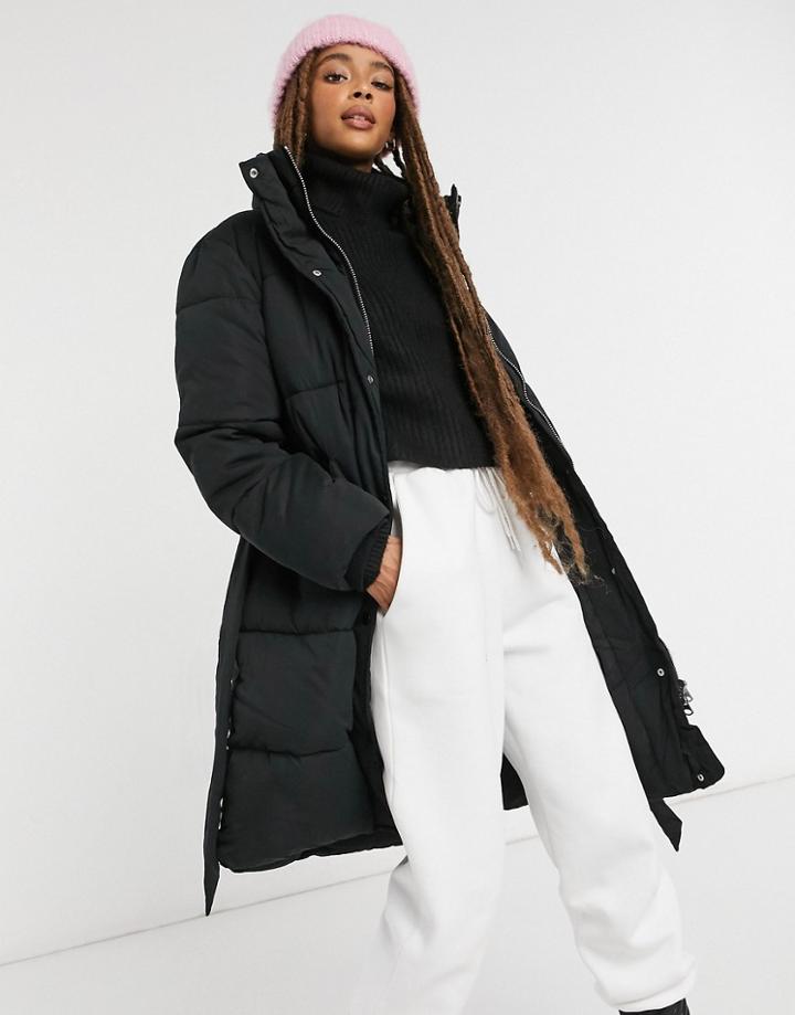 Monki Maxima Padded Coat With Belt In Black