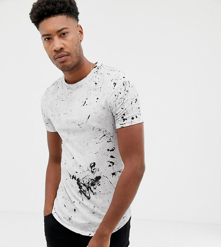 Asos Design Tall Muscle Fit Longline T-shirt With Curved Hem In Tie-dye Wash In White - White