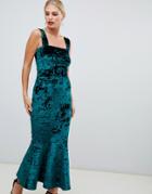 True Violet Velvet Square Neck Midi Boydon Dress With Pephem In Green - Black