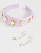 Asos Design Embellished Satin Headband And Pearl Drop Earrings Set - Multi