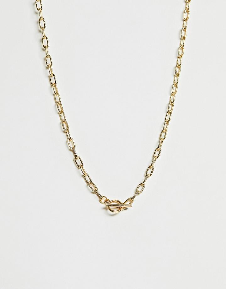 Asos Design Premium Gold Plated Necklace With Hammered Open Link Chain And Toggle - Gold