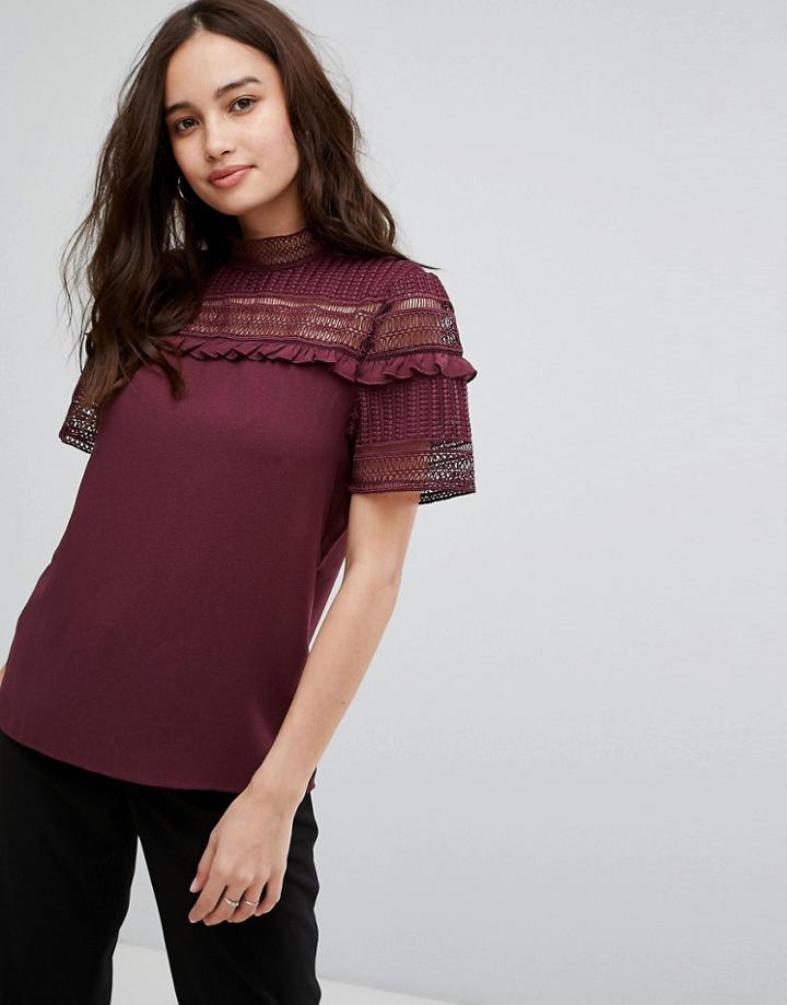 Vila Lace Frill Detail High Neck Top - Green