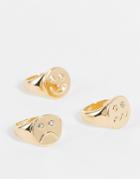 Asos Design Pack Of 3 Rings With Mixed Emotions Face Designs In Gold Tone