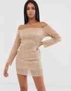 Club L London Off Shoulder Long Sleeve Sequin Mini Dress In Rose Gold