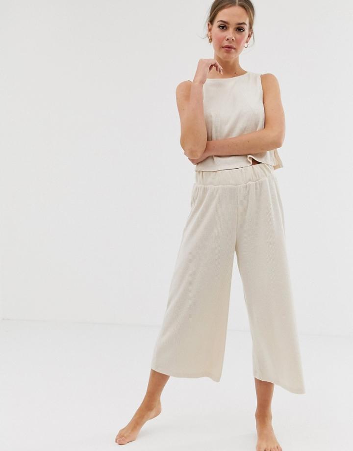 Asos Design Mix & Match Lounge Ribbed Wide Leg Cropped Pants - Beige