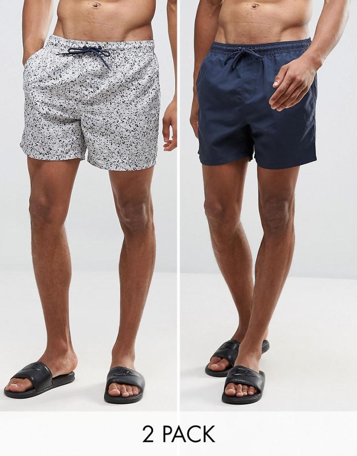 Bravesoul 2 Pack Swim Shorts In Solid Navy And Ditsy Print - Navy