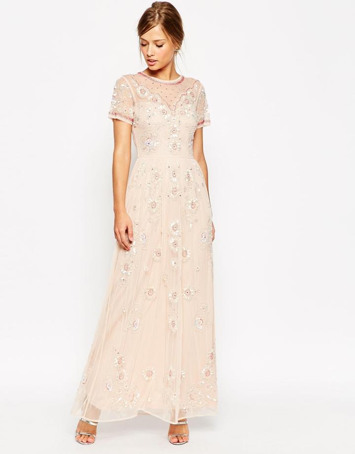Asos Salon Beaded Floral Mesh Maxi Dress - Dusty Pink