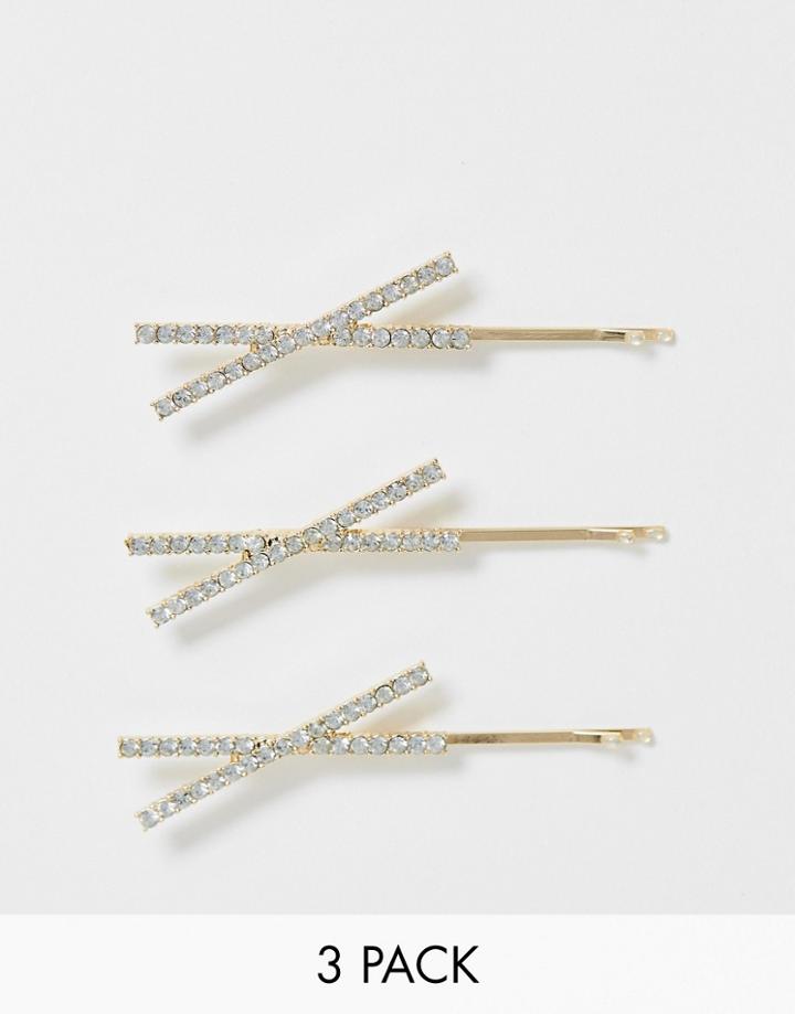 Asos Design Pack Of 3 Hair Clips In Crystal Criss Cross Design In Gold Tone - Gold