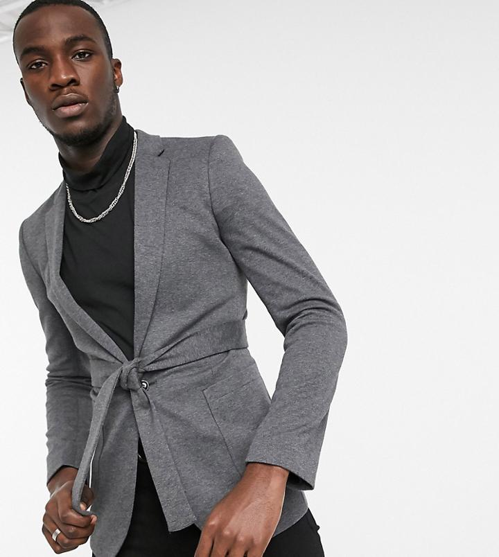 Asos Design Tall Belted Super Skinny Jersey Blazer In Charcoal-grey