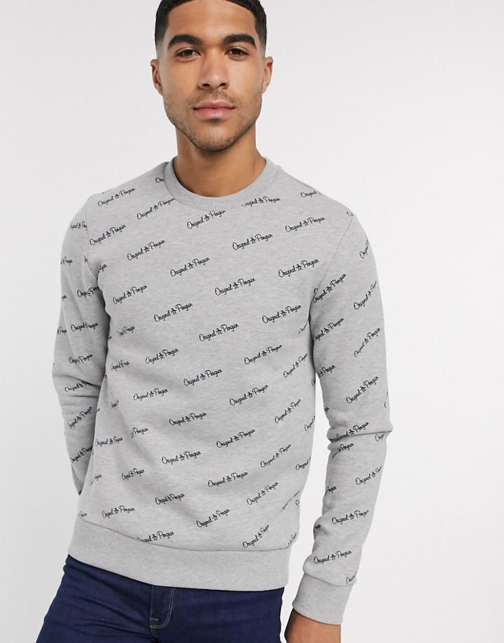 Original Penguin All Over Diagonal Script Logo Print Sweatshirt In Gray Marl