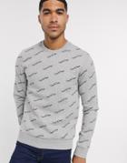 Original Penguin All Over Diagonal Script Logo Print Sweatshirt In Gray Marl