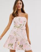 Asos Design Floral Bandeau Belted Pleated Mini Dress - Pink