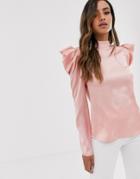 Little Mistress Satin Top With Statement Shoulders In Pink - Pink