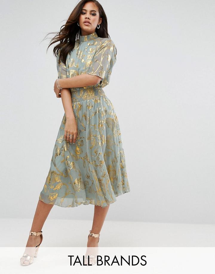 Y.a.s Tall High Neck Skater Dress With Gold Foil Print - Multi