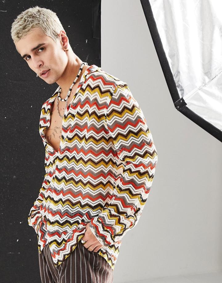 Asos Design Revere Shirt In Knitted Chevron Stripe-orange