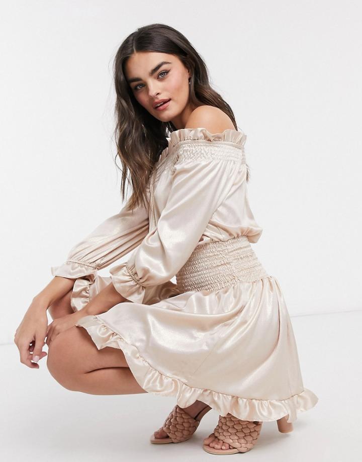 Asos Design Shirred Mini Dress With Pephem In Blush-pink