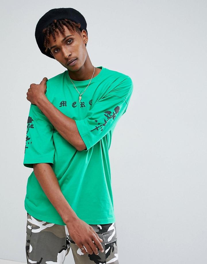 Asos Oversized T-shirt With Text And Rose Print - Green