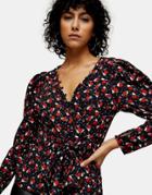 Topshop Button Front Blouse In Black & Red Floral-multi