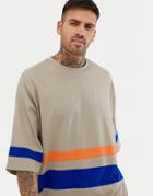 Asos Design Organic Oversized Super Longline T-shirt With Half Sleeve With Bright Contrast Panels In Beige