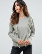 Liquorish Sweater With Ruffle And Contrast Trim - Gray