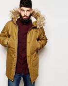 Asos Parka Jacket With Faux Fur Hood In Tobacco - Tobacco