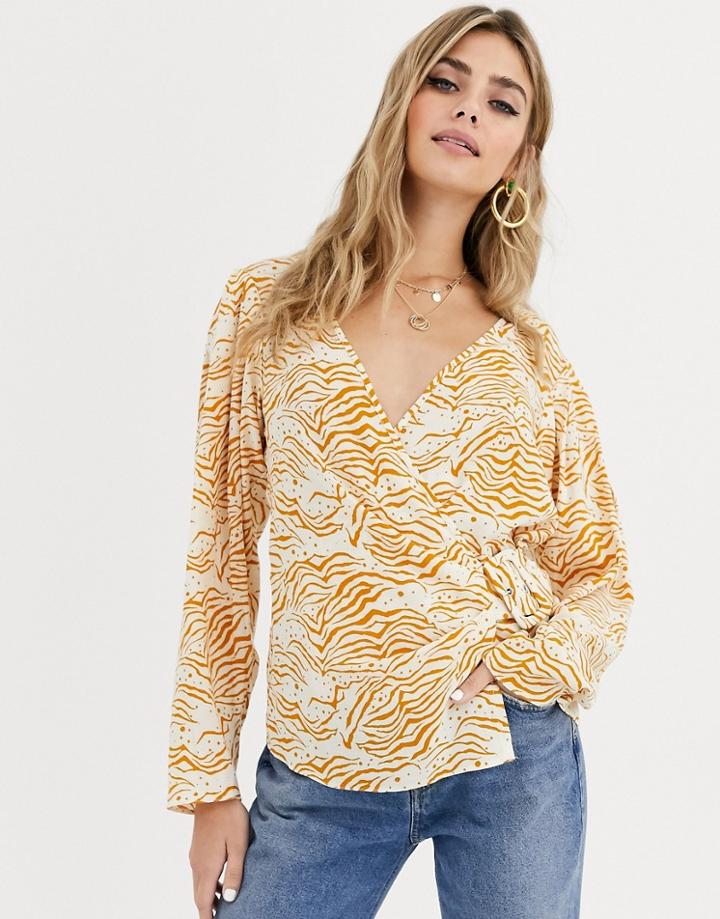 Asos Design Wrap Top With Belt Detail In Abstract Print