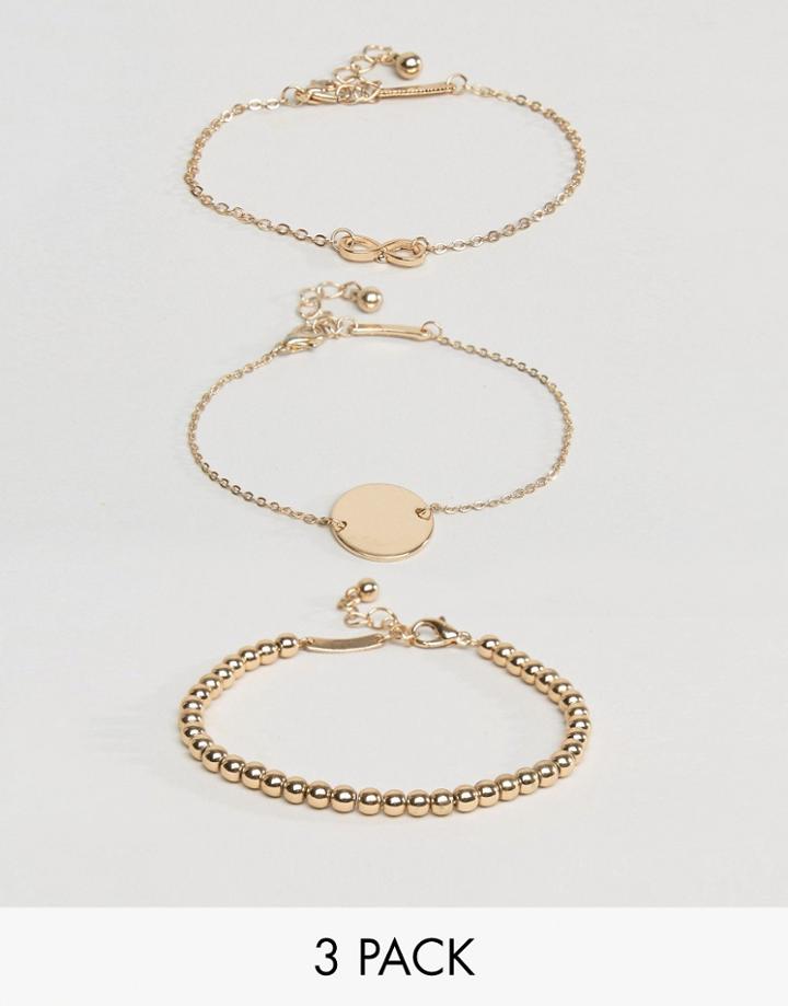Asos Pack Of 3 Infinity Charm And Mixed Chain Bracelets - Gold