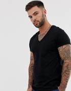 Asos Design T-shirt With Deep V Neck And Roll Sleeve In Black - Black