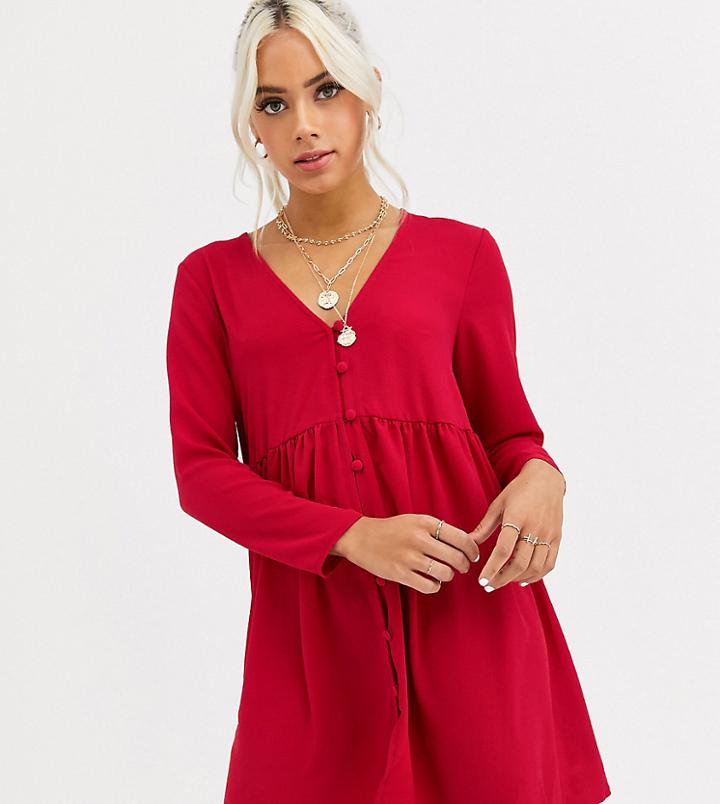 Asos Design Petite Smock Mini Dress With Button Through-red