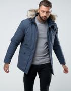Fred Perry Fishtail Drawstring Hooded Parka With Fur Trim In Dark Blue - Blue