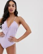 Asos Design Slinky Drape Back Thin Strappy Back Swimsuit In Icy Lilac-purple