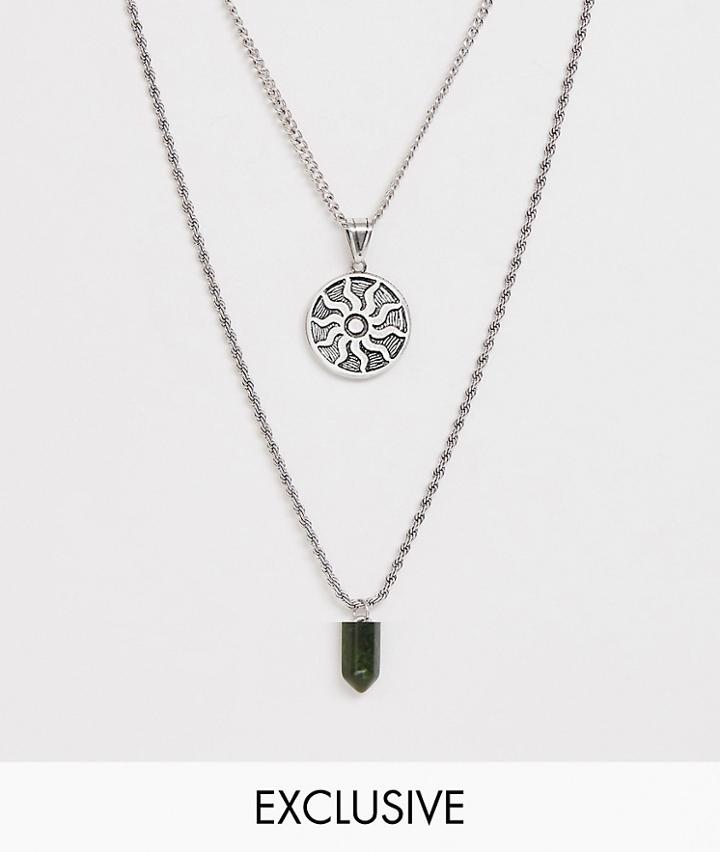Reclaimed Vintage Inspired Layered Necklace With Geo Pendant And Semi Precious Stone Exclusive At Asos - Silver