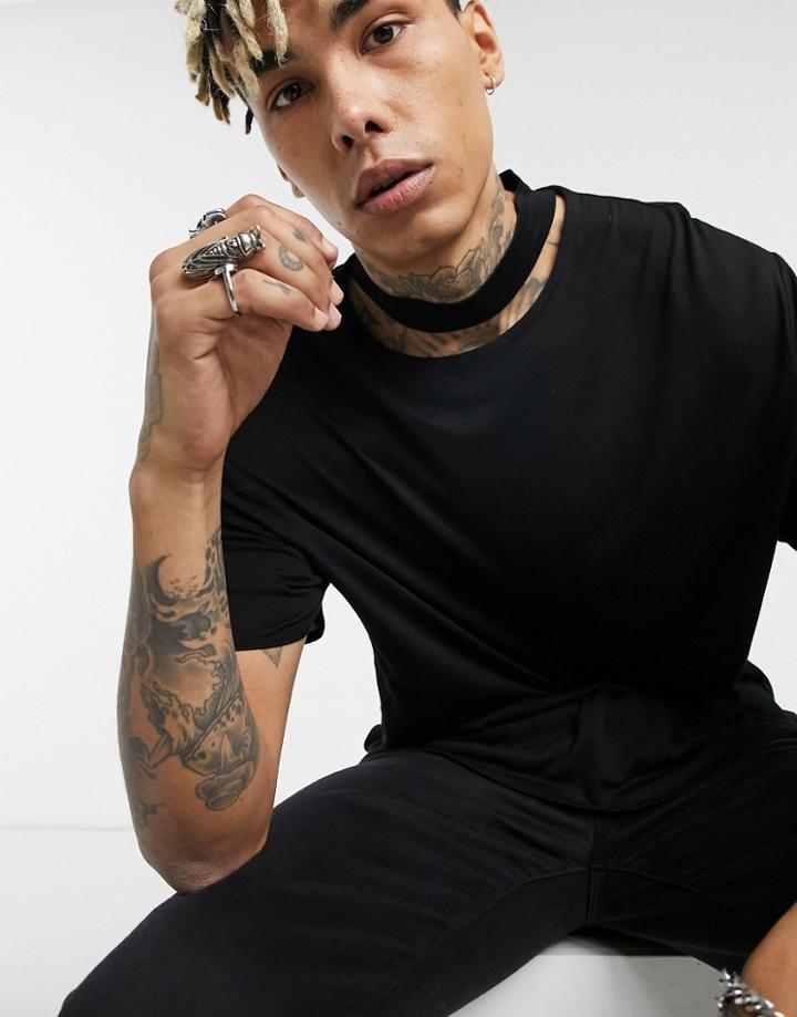 Asos Design Relaxed Short Sleeve T-shirt With Neck Cut Out In Black