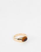 Asos Design Slim Oval Signet Ring With Tigers Eye Stone In Gold Tone