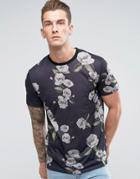 Asos Longline T-shirt With All Over Pixel Floral Print - Black