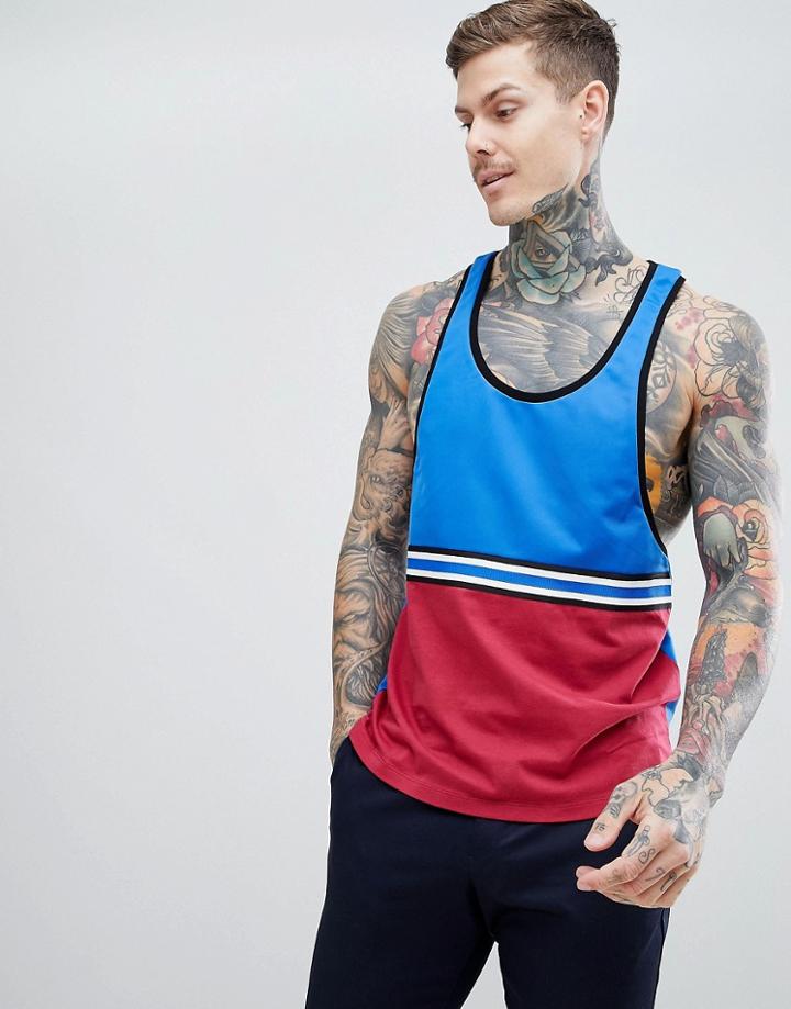 Asos Design Extreme Racer Back Tank In Polytricot With Contrast Yolk And Taping In Blue - Blue