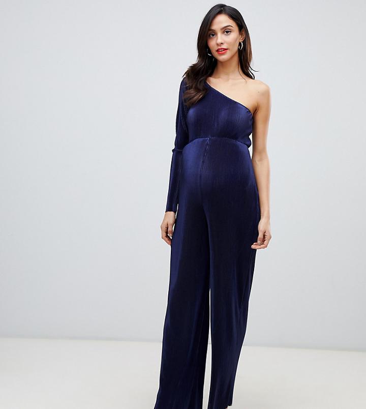 Asos Design Maternity One Shoulder Plisse Jumpsuit-navy