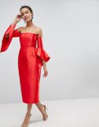 Asos Bandeau Fluted Sleeve Midi Dress - Red