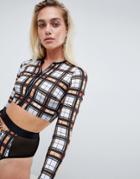 Asos Design Zip Front Rash Tank In Check Print - Multi