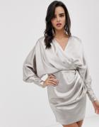 Asos Edition Drape Wrap Mini Dress In Satin-silver