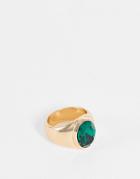 Asos Design Signet Ring With Green Swarovski Crystal In Gold Tone