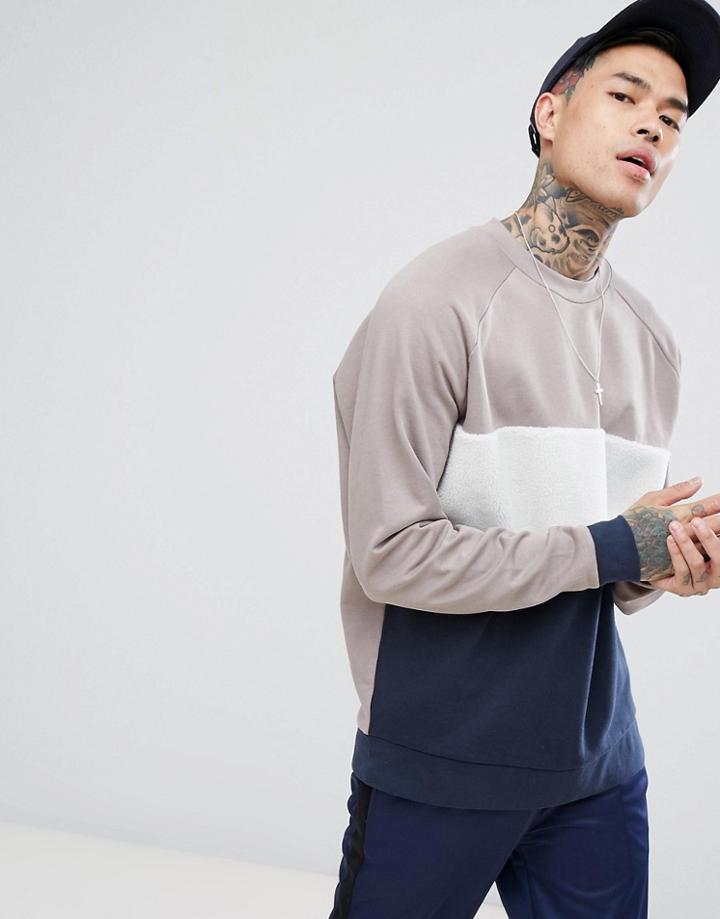 Asos Oversized Sweatshirt With Borg Panelling - Beige
