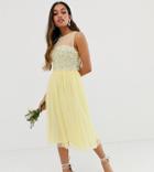 Maya Petite Bridesmaid Mesh Top Delicate Sequin Midi Dress In Lemon-yellow