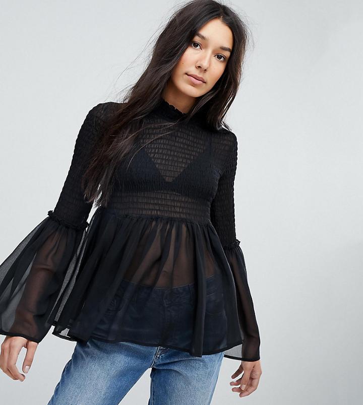 Asos Tall Shirred Blouse With Fluted Sleeve - Black