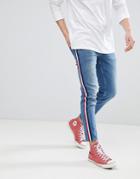 Asos Design Slim Jeans In Mid Wash Blue With White Side Stripe - Blue
